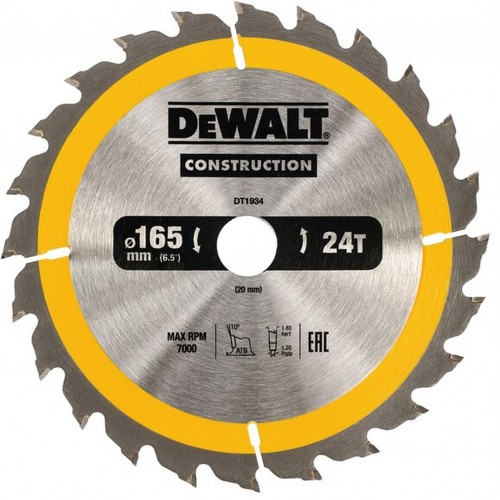 DeWALT DT1934 Pílový kotúč Construction 165 x 20 mm, 24 zubov, ATB 10°