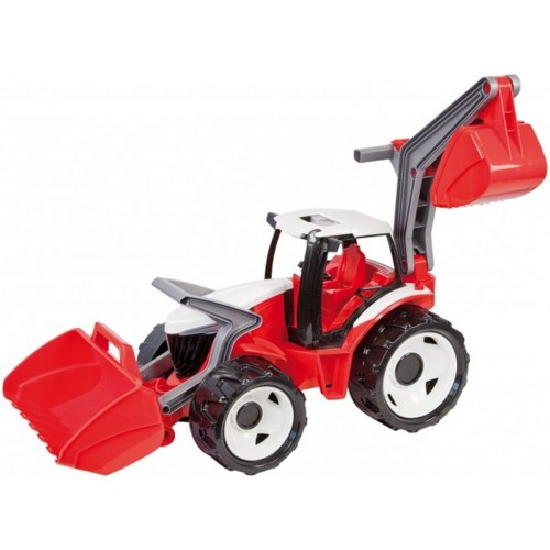 Traktor s lyžicou a bagrom plast červeno-biely 65cm v krabici od 3 rokov