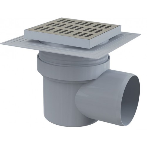ALCAPLAST Podlahová vpusť 150 × 150/110 bočný odtok, mriežka nerez APV12