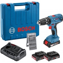 BOSCH GSB 18 V-21 Aku príklepový skrutkovač, 3×GBA 2.0Ah, GAX 18V-30, kufor, 06019H1100