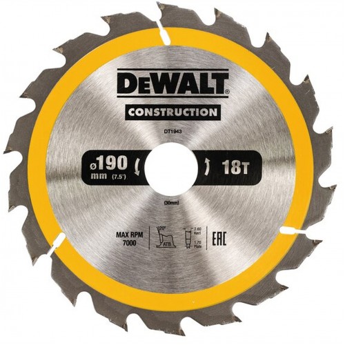 DeWALT DT1943 Pílový kotúč Construction 190 × 30mm, 18 zubov, ATB 20°