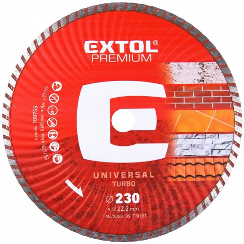 EXTOL PREMIUM kotúč diamantový rezný 230x22, 2mm TURBO - suché i mokré rezanie 108755