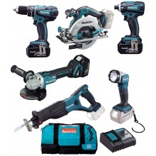 Makita DLX6076T Aku sada 18V (DHP458 +DGA504 +DJR181 +DHS680 +DTD146+3xBL1850B +DC18RC