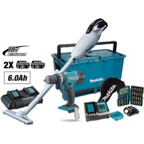 Makita HF2108-3 Aku skrutkovač DHP453ZX11 + vysávač DCL181FZWX + 2x Aku 18V/6Ah + DC18SH
