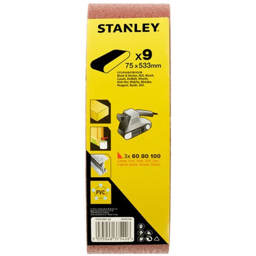 Stanley STA33481 Kartónové balenie, brúsny pás 75x533mm, 3x P60, 3x P80, 3x P100, 9ks Stanley STA33481 Kartónové balenie, brúsny pás 75x533mm, 3x P60, 3x P80, 3x P100, 9ks