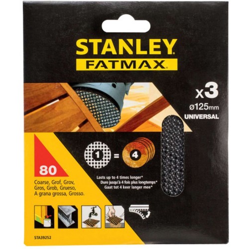 Stanley STA39252-XJ Brúsne mriežky pre excentrickú brúsku 125mm, P80, 3ks Stanley STA39252-XJ Brúsne mriežky pre excentrickú brúsku 125mm, P80, 3ks
