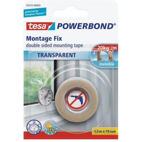 TESA Powerbond Montážna obojstranná penová páska na sklo, priehľadná, 1,5m x 19mm 55743
