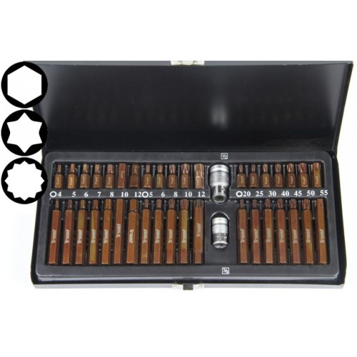 Sada bity 10mm, Inbus, Torx, XZN, adaptér 3/8", 1/2", 40ks, oceľ S2, 100-00293