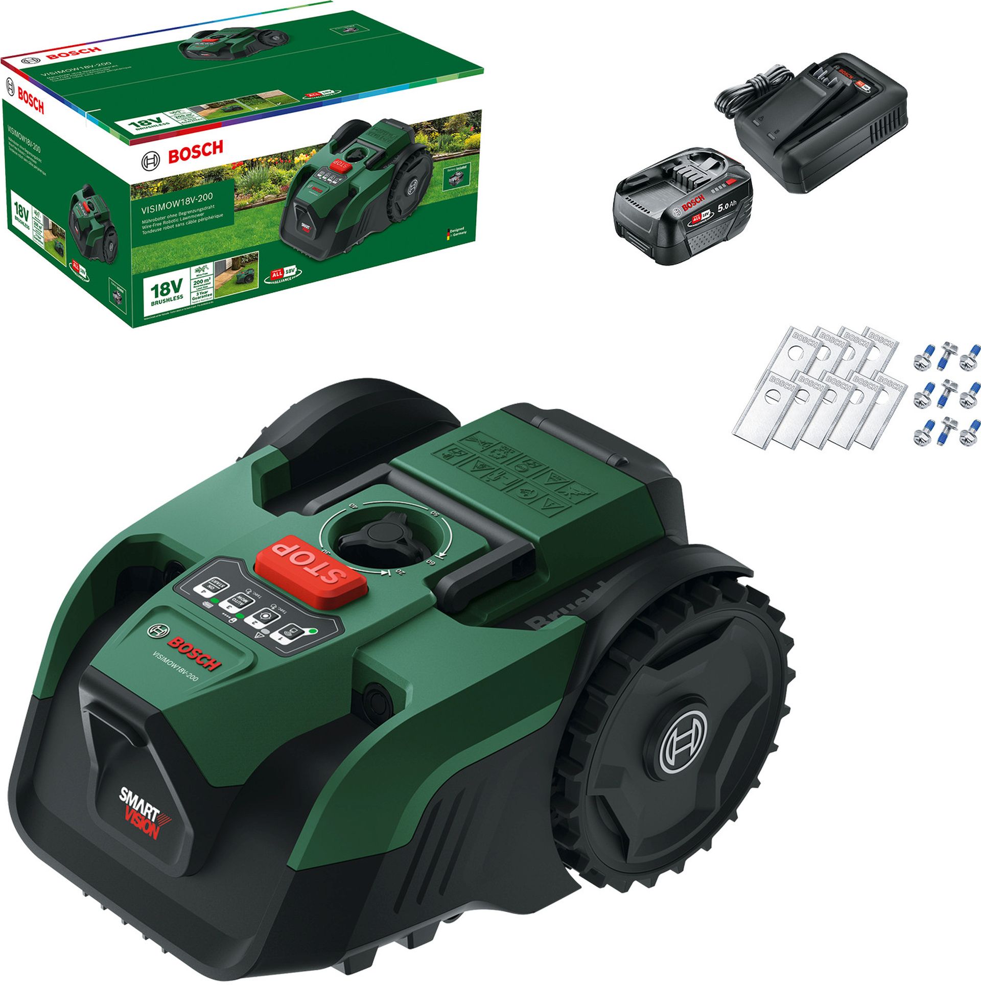 BOSCH VISIMOW18V-200 Aku robotická kosačka na trávu, 1x 5,0Ah, náhradné nože 06008E1102