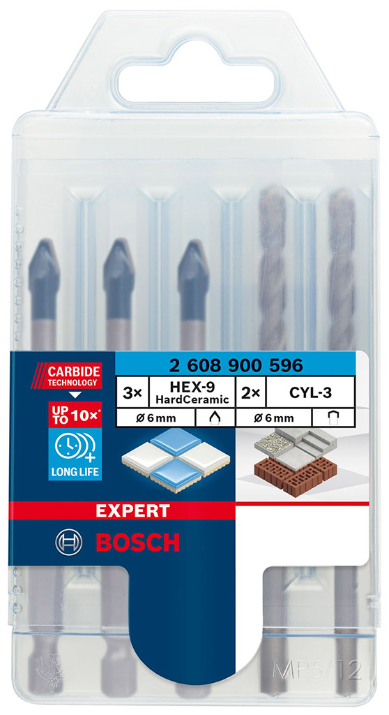BOSCH 5-dielna zmiešaná sada vrtákov EXPERT HEX-9 HardCeramic 6 mm 2608900596