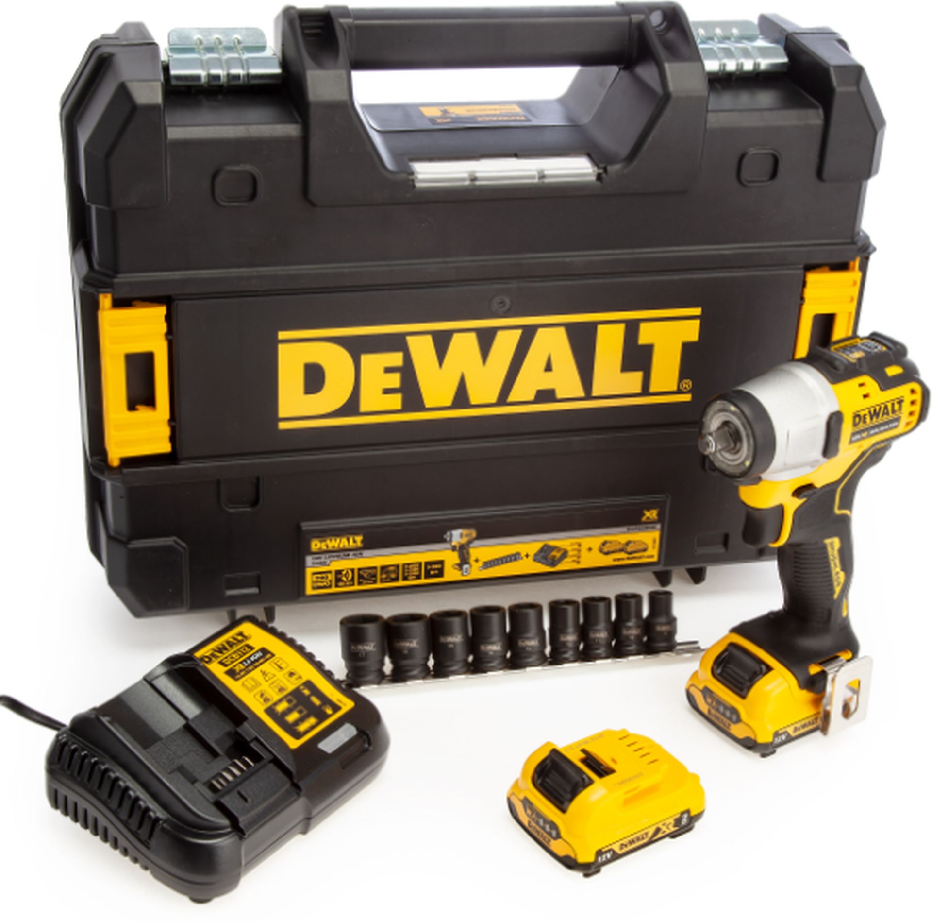 DeWALT DCF902D2 Aku rázový uťahovač +sada nástrčných kľúčov 3/8&quot; (270Nm/12V/2x2,0Ah)Tstak