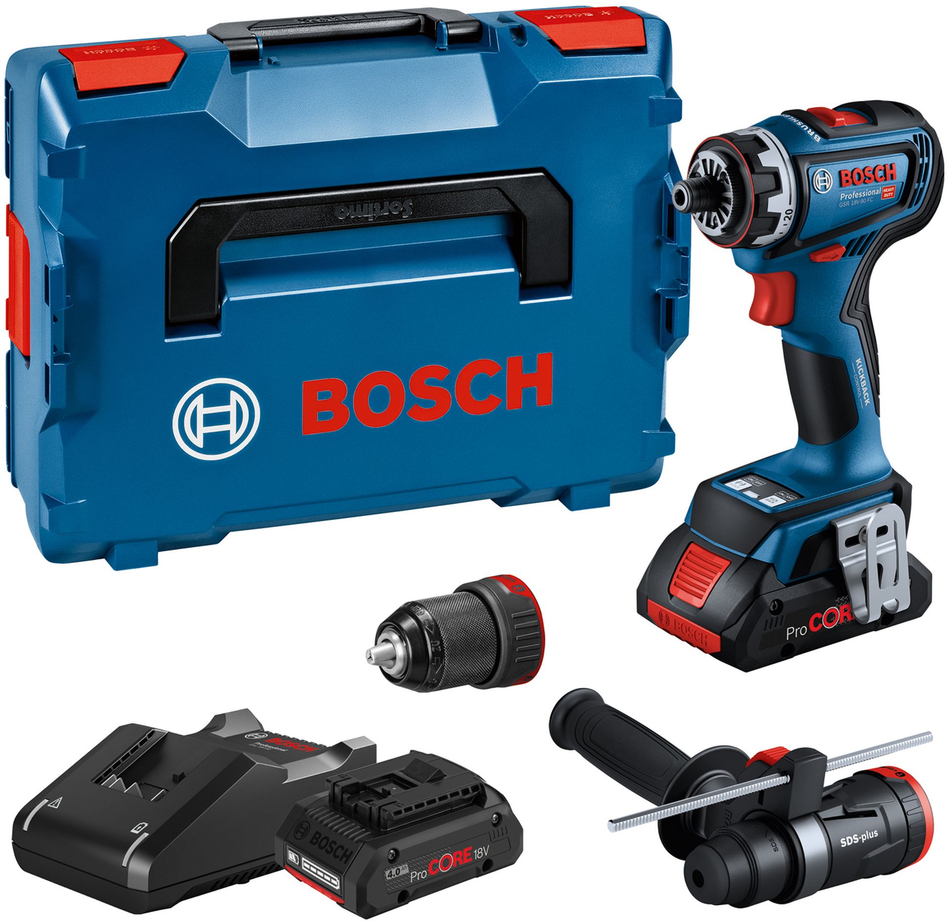 BOSCH GSR 18V-90 FC Vŕtací skrutkovač, 2× 4.0Ah, GAL 18V-40, L-BOXX 136 06019K6205