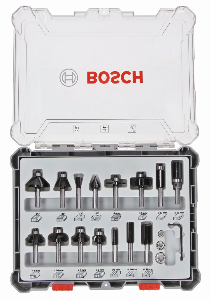 BOSCH Sada frézovacích bitov, 15 ks, zmiešané, 8 mm driek 2607017472