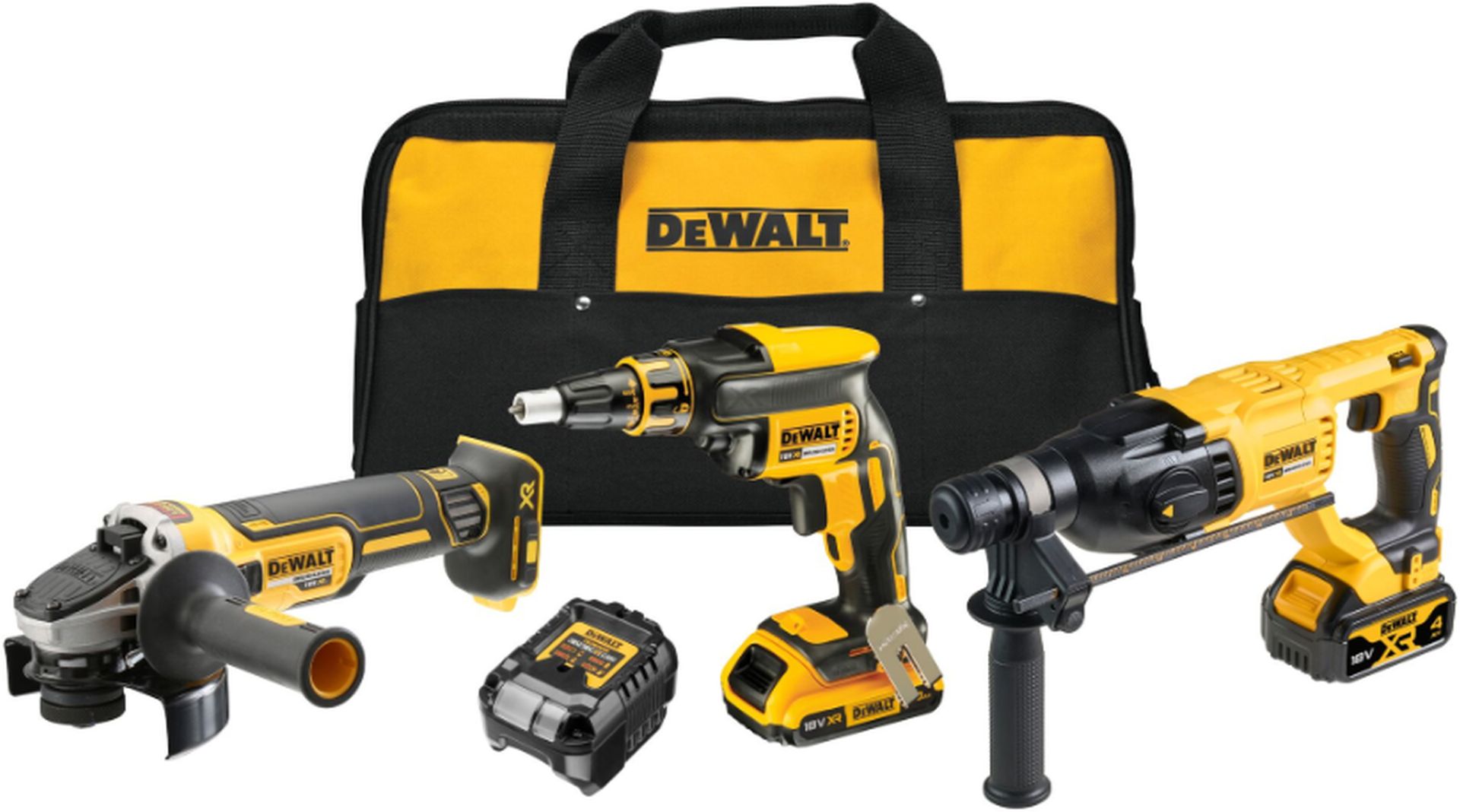DeWALT DCK308DM Aku kombo sada (DCF620+DCH133+DCG405+18V/1x 2,0/4,0Ah) Taška