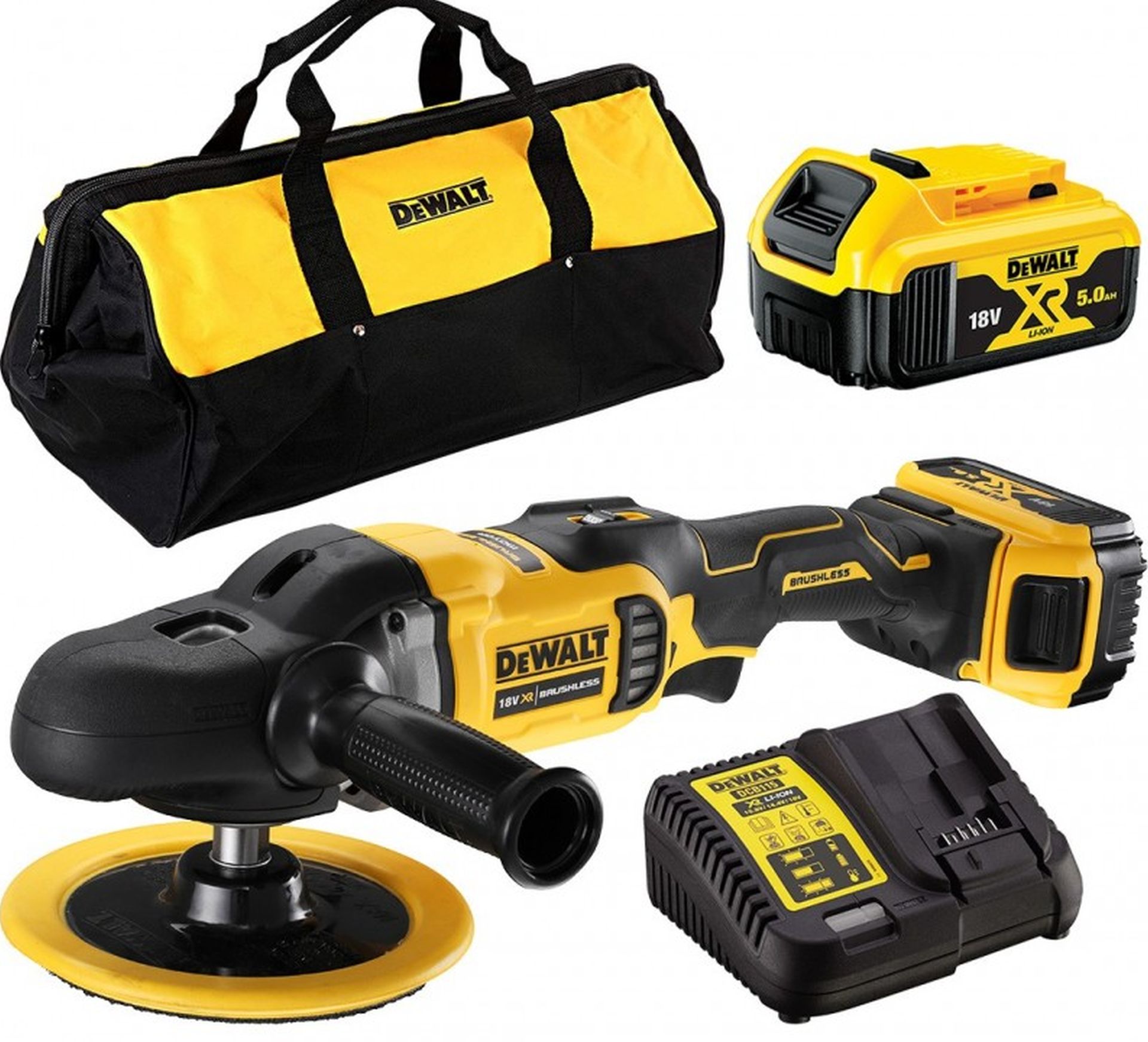 DeWALT DCM849P2 Aku rotačná leštička 125-180 mm XR (18V/2x5,0Ah) Taška